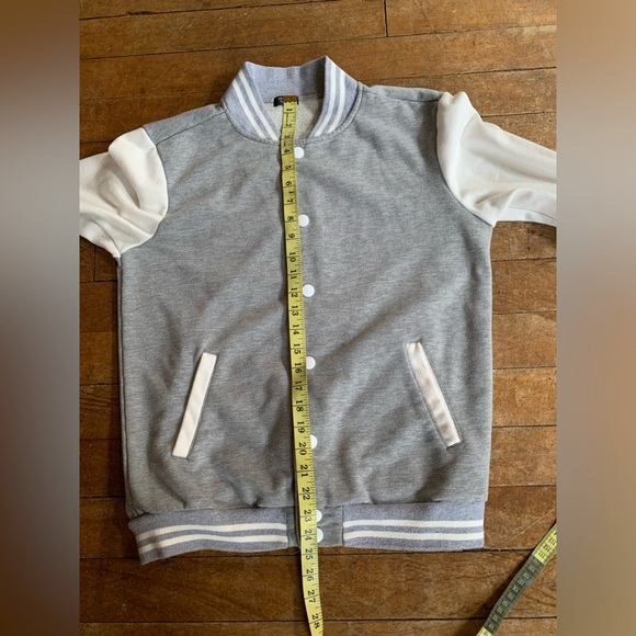 Men’s Coof Andy grey and white Varsity Bomber Jacket, size small - Picture 7 of 10